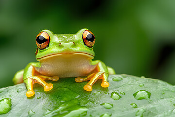 A close-up of a vibrant green tree frog with bright red eyes perched on a leaf with water droplets.