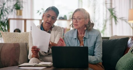Senior couple, lesbian and paperwork for budget in home, laptop and online asset management. Old people, talk and documents for banking transaction, finance and power of attorney form in retirement