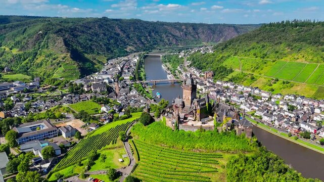 Aerial drone view of medieval castle Cochem. Wine region Mosel Valley, Germany  High quality 4k footage