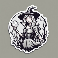 Naklejka premium illustration of a sticker witch waring black hat in a simple background and eerie theme