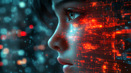 3D render of a complex digital neural network traversing the side of a human face, symbolizing the interconnectedness of human cognition, technology, and neural pathways in modern digital science