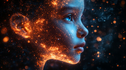 3D render of a complex digital neural network traversing the side of a human face, symbolizing the interconnectedness of human cognition, technology, and neural pathways in modern digital science