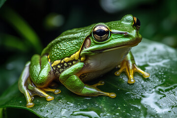 Naklejka premium A green frog with yellow stripes sits on a large green leaf in a rainforest environment.