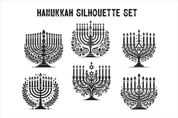 Menorah Silhouette bundle. Candlesticks silhouette Bundle, Hanukkah set. hanukkah, menorah and lights ceremony silhouette set. 