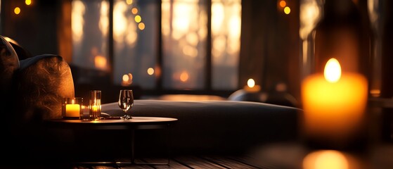 Obraz premium Cozy, intimate setting with candlelight, soft pillows, and wine glasses, evoking warmth and relaxation in a dimly lit environment.