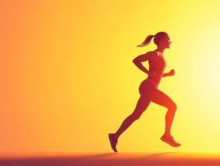 Silhouette of a woman running during sunset, against a vibrant orange and yellow sky, representing fitness and an active lifestyle.