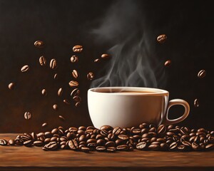 Steaming cup of coffee surrounded by coffee beans against a dark background, capturing the essence of fresh, aromatic coffee.
