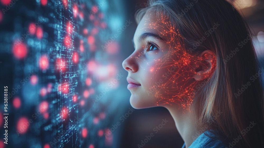 Poster 3d render of a complex digital neural network traversing the side of a human face, symbolizing the i
