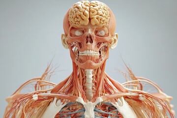 Electrophysiology bioelectricity and muscular hypertrophy anatomical front view of human muscles emphasizing detailed structure of the neck chest and brain connectivity