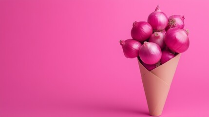 Onion for cooking spices on brown paper wrapping cone from grocery solid background