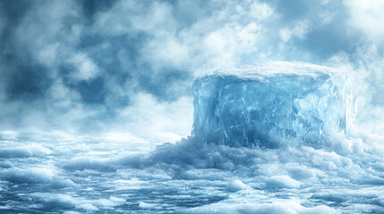 clear, minimalist crystal ice podium stands on a glacial surface, surrounded by frost. The scene conveys purity, elegance, and cold beauty, making it ideal for luxury product display and branding conc