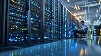 The Architect of Data: A lone technician amidst a symphony of glowing servers, meticulously managing the flow of information in a high-tech data center. 