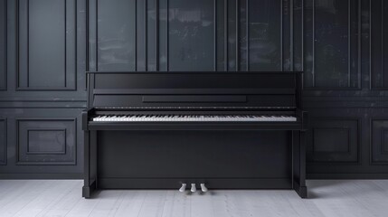 Obraz premium Elegant black upright piano against a dark wall in a modern, minimalistic setting. Ideal for music, interior design, and art concepts.
