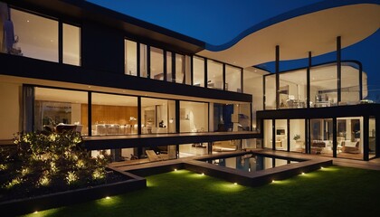 Fototapeta premium 3d render of a luxurious house. Modern house with solar panels and pool at dusk. Night view of a white two-story house with solar panel system. 9