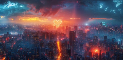 Obraz premium Futuristic cityscape showcasing a heart-shaped motif integrated into the architecture, illuminated by turquoise blue and deep purple neon lights for a romantic ambiance. Modern design concept