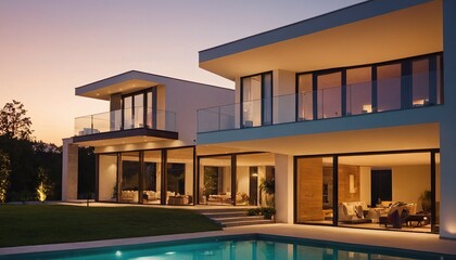 Fototapeta premium 3d render of a luxurious house. Modern house in the evening luxury house at dusk night view 16