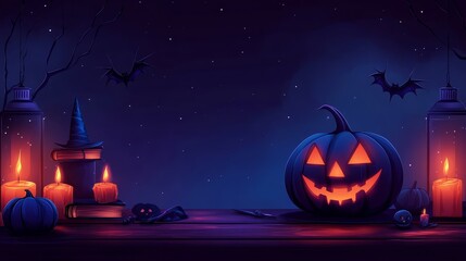 Fototapeta premium Spooky Halloween Night Scene with Pumkin Bats Candles and Witch's Hat
