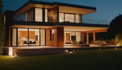 Obraz premium 3d render of a luxurious house. Modern house in the evening luxury house at dusk night view 3