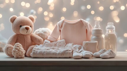 Newborn Baby Essentials with Teddy Bear and Bokeh Lights