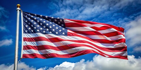 Obraz premium American Flag Fluttering in the Wind, Blue Sky, White Clouds, Patriotism, USA, Freedom, Symbolism