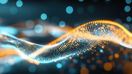 A vibrant digital waveform undulates, illuminated by luminous dots that create a mesmerizing display against a dark background