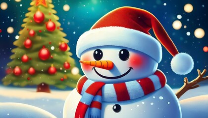 The snowman has a cheerful face with sparkling eyes and a carrot-shaped nose