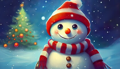 The snowman has a cheerful face with sparkling eyes and a carrot-shaped nose