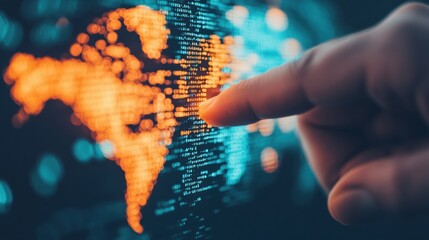 A hand is guiding towards a radiant world map, showcasing bright data points in a modern digital environment