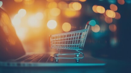 A person participates in online shopping at night with a shopping cart placed on a laptop, illuminated by warm lights