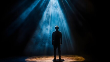 41. A person illuminated by a single spotlight, dramatic expression