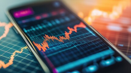 A smartphone shows a trading app with dynamic market graphs, illustrating stock price movements and investment opportunities in real-time