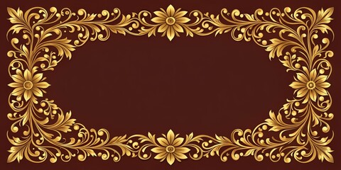 Golden Floral Frame on Burgundy Background, Digital Art, Ornament, Frame, Gold