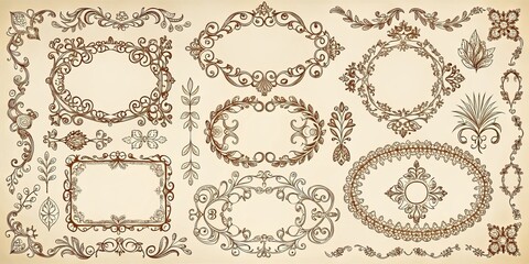 Ornate Floral Frame Set Hand-drawn Flourishes, Vintage Inspired, Decorative Elements, floral, vintage, frame