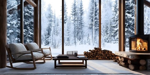 Contemporary snow-covered cabin living room featuring a sleek fireplace and panoramic winter views. Modern cozy retreat concept