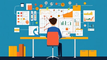 Project planning with agile methodology, flat design, front view, professional theme, cartoon drawing, Split-complementary color scheme