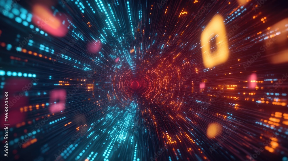 Poster a digital matrix of numbers and codes flowing through a tunnel, representing the concept of data tra