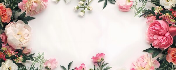 Pink and White Peonies and Flowers Bordering a White Background