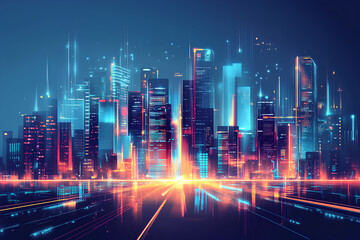 A vibrant, futuristic cityscape at night, illuminated with neon lights and glowing lines, conveying a sense of progress and technological advancement.