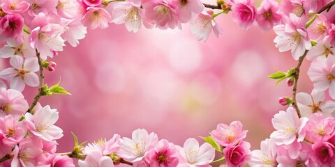 Fototapeta premium Pink Cherry Blossom Frame with Soft Blurred Background, Spring , Cherry Blossoms , Floral Frame