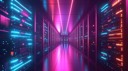 A futuristic data center with rows of glowing servers, capturing the heart of modern information technology.
