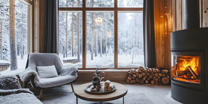 Chic snow-covered cabin living room featuring a modern fireplace and serene winter views. Cozy and stylish retreat concept