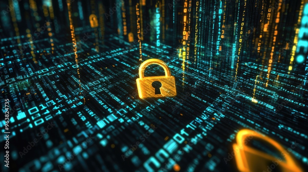Poster a graphic showing data encryption, with padlocks and digital keys overlaying streams of binary code.
