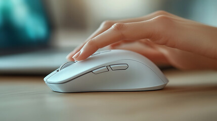 woman's hand using a sleek, white wireless mouse on a modern desk. The elegant design and smooth surface reflect productivity, minimalism, and technological ease in a professional setting