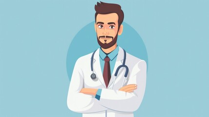 Fototapeta premium A man in a white lab coat is standing with his arms crossed. He is wearing a tie and has a beard