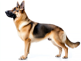 A majestic German Shepherd stands proudly, showcasing its strong build and attentive expression. Ideal for pet-related themes.