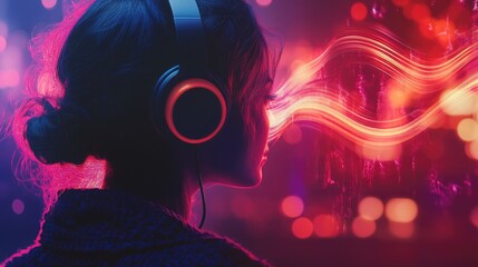 A person wearing headphones, with sound waves flowing from the ears, emphasizing immersive audio experience in a personal space