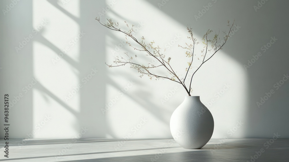 Poster A white vase with a branch in it sits on a table in a room with a lot of sunlight