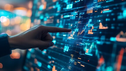 Hand Pointing at Digital Data Screen with Graphs and Charts