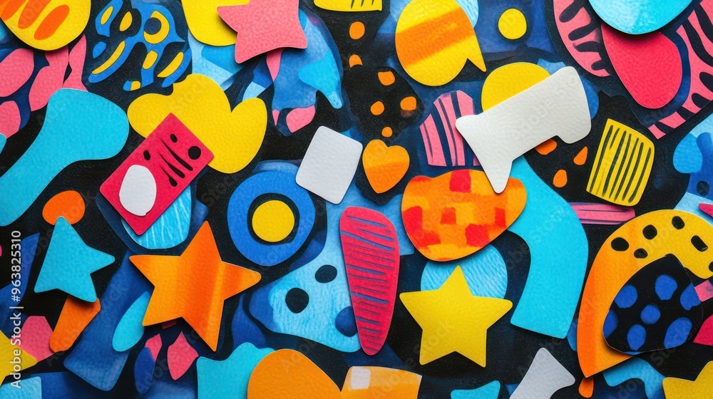 Aufkleber a colorful collage of shapes and stars. the image is a mix of different shapes and colors, with some