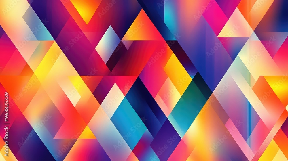 Poster a vibrant geometric pattern with overlapping triangles and gradients, creating a modern and dynamic 